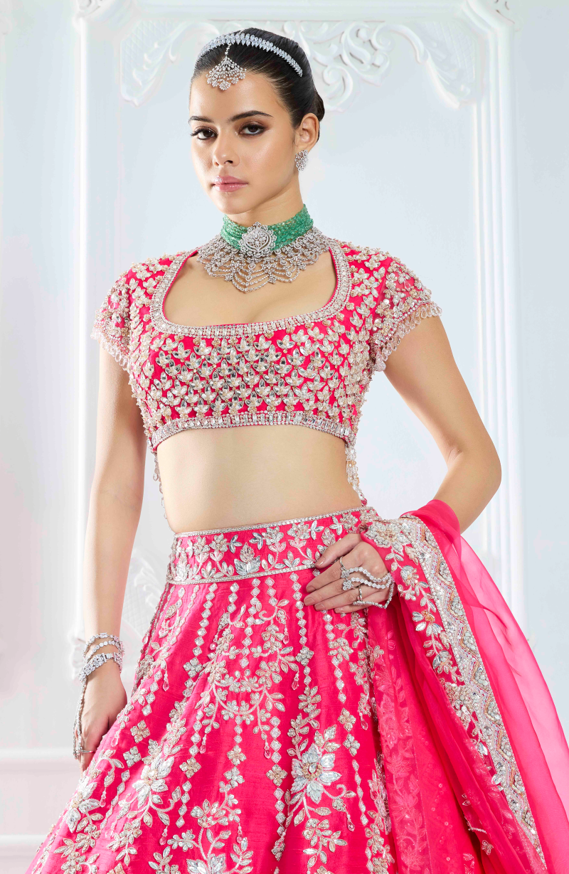 Hot Pink Rawsilk Stone Embroidered Lehenga Set