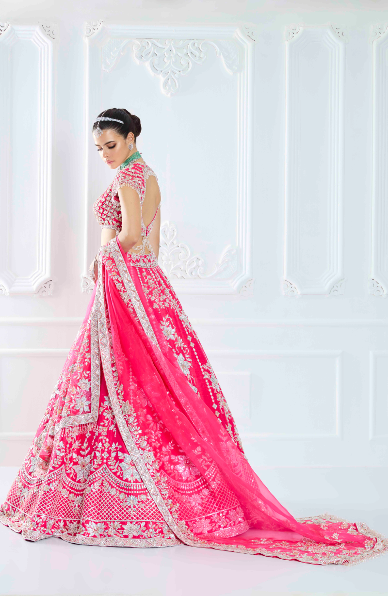 Hot Pink Rawsilk Stone Embroidered Lehenga Set