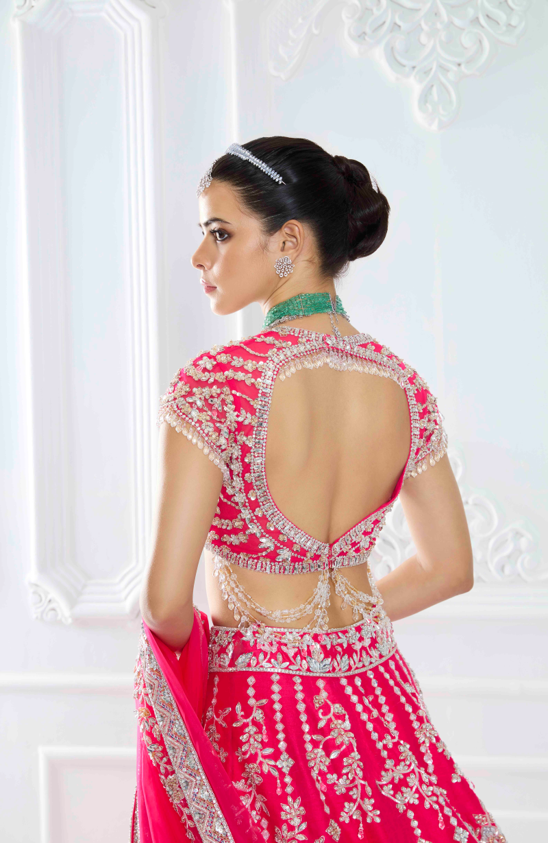 Hot Pink Rawsilk Stone Embroidered Lehenga Set