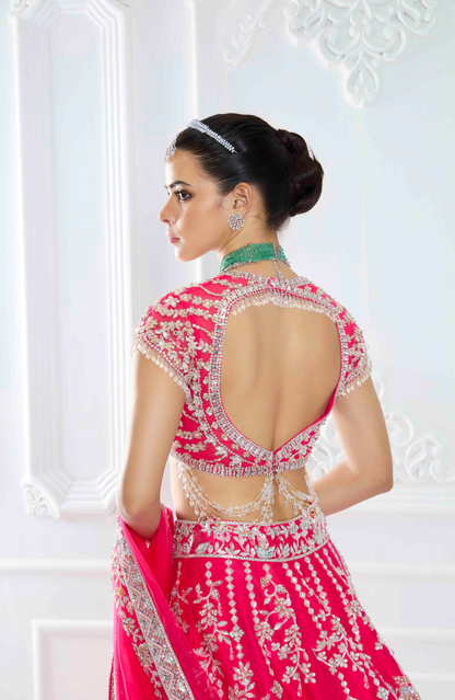Hot Pink Rawsilk Stone Embroidered Lehenga Set