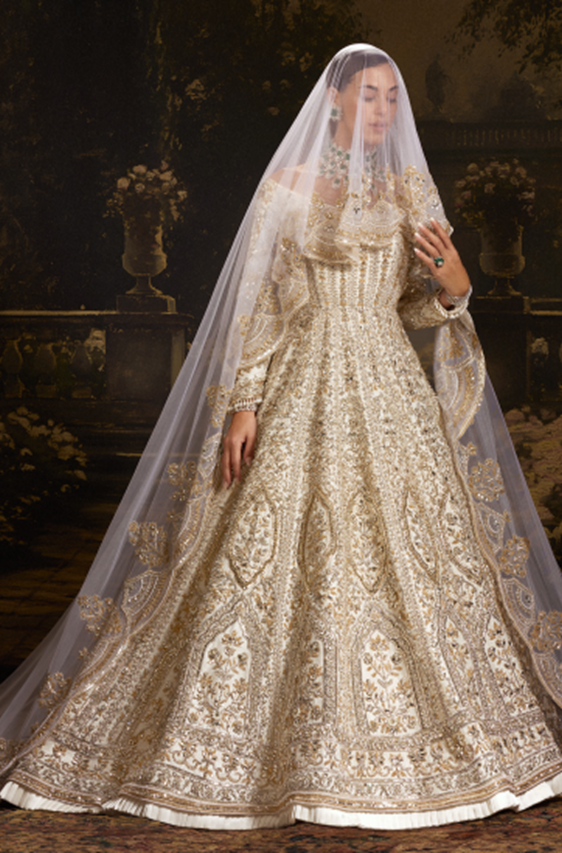 Taj Mahal Ivory Raw Silk Embroidered Gown