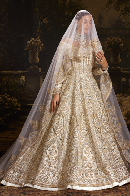 Taj Mahal Ivory Raw Silk Embroidered Gown