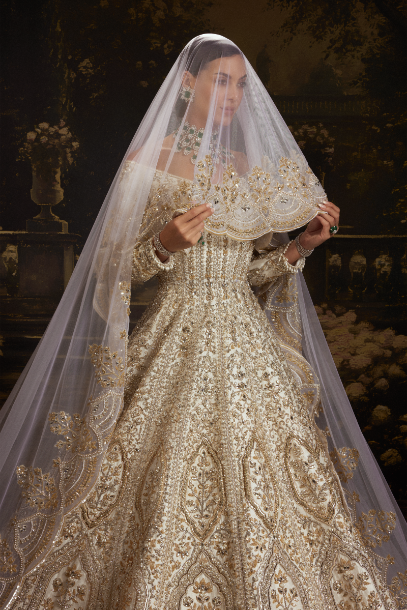 Taj Mahal Ivory Raw Silk Embroidered Gown