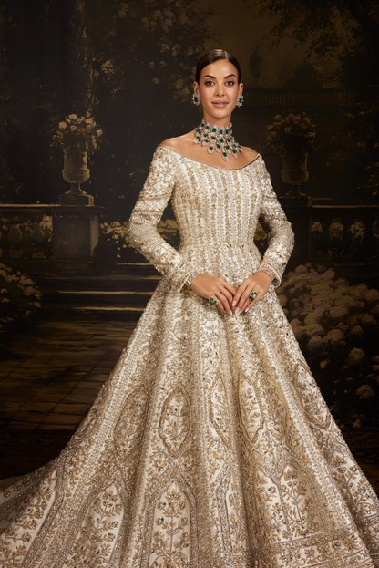Taj Mahal Ivory Raw Silk Embroidered Gown