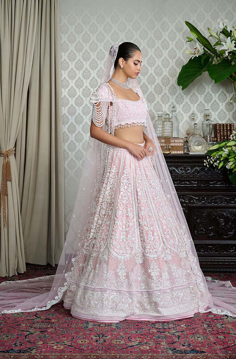 Blush Pink Pearl & Thread Embroidered Lehenga Set