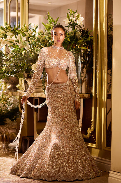 Rose Gold Leaf Stone Embellished Lehenga Set