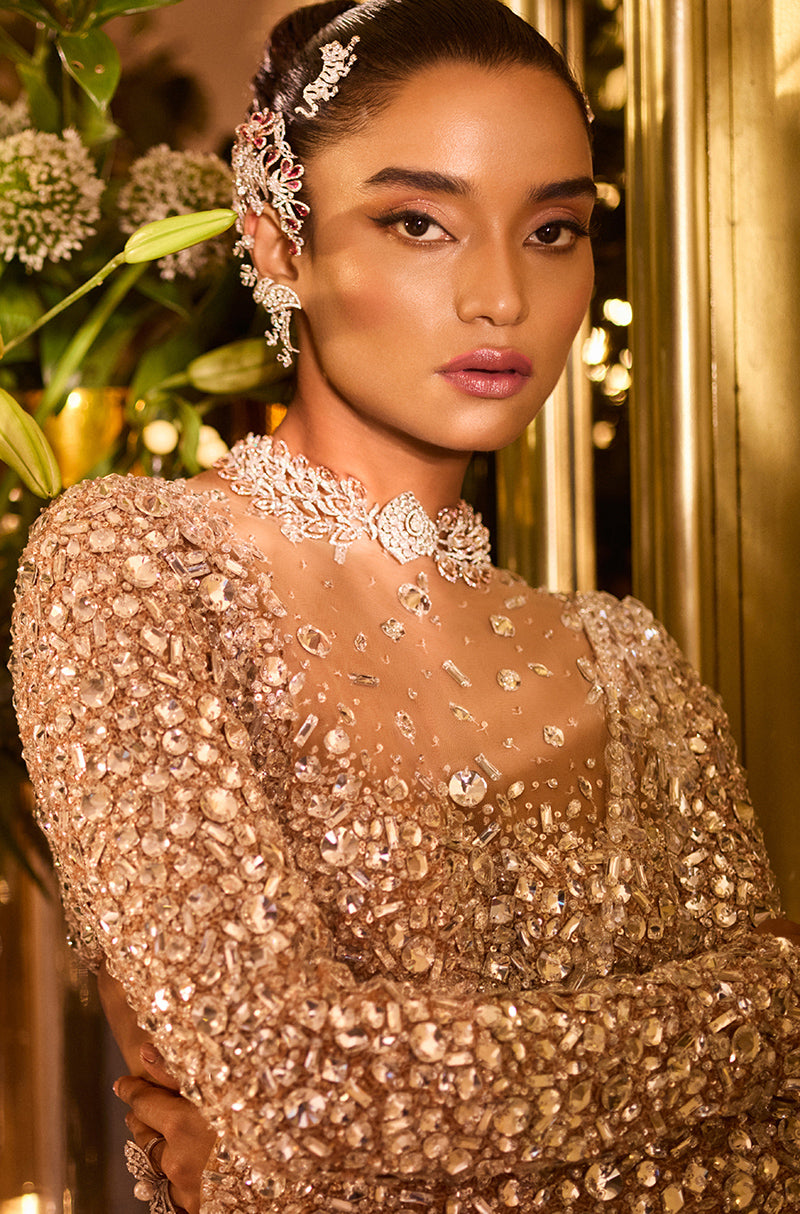 Rose Gold Leaf Stone Embellished Lehenga Set