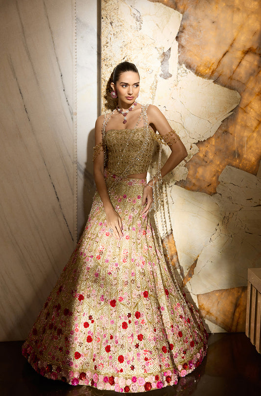 Gold Tulle with 3D Floral Embroidered Lehenga Set