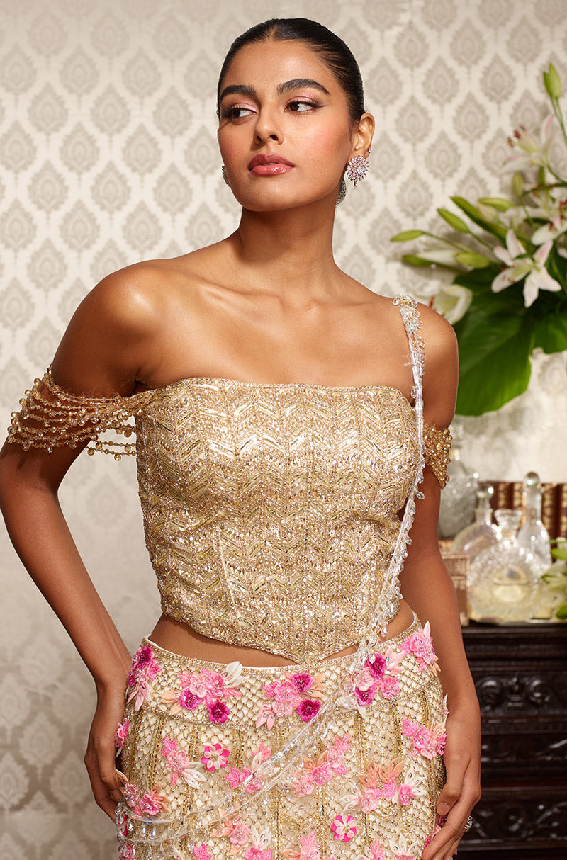 Gold Tulle with 3D Floral Embroidered Lehenga Set