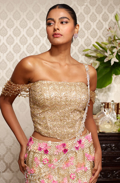 Gold Tulle with 3D Floral Embroidered Lehenga Set