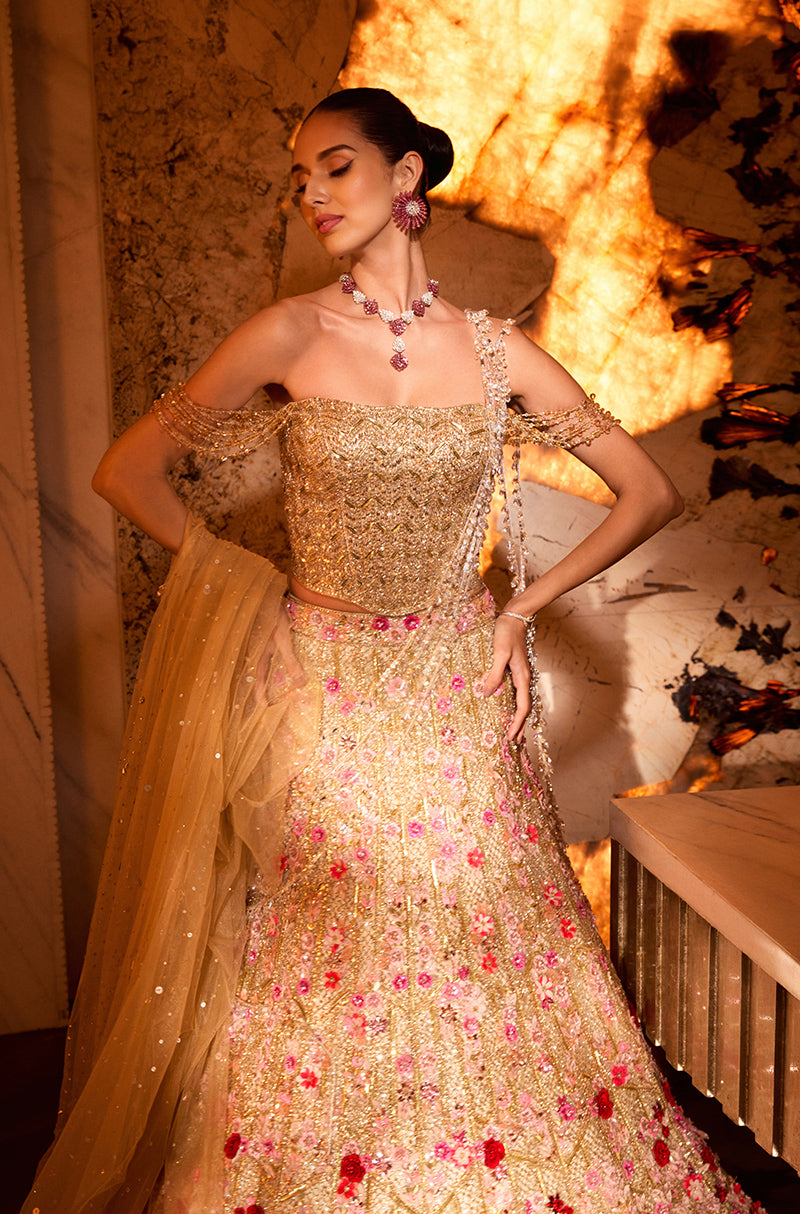 Gold Tulle with 3D Floral Embroidered Lehenga Set
