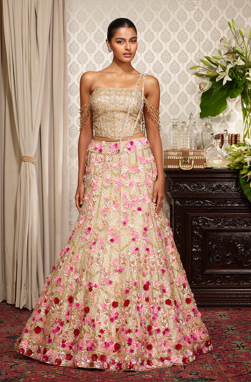 Gold Tulle with 3D Floral Embroidered Lehenga Set