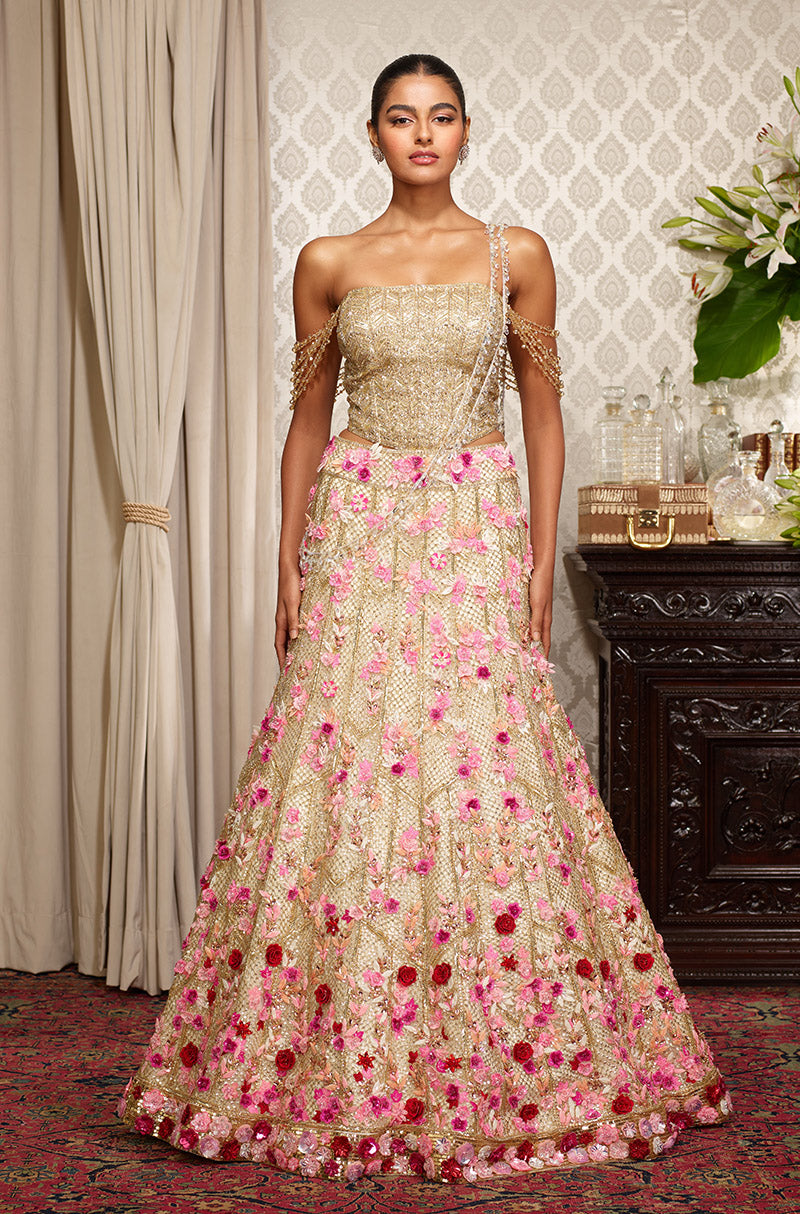 Gold Tulle with 3D Floral Embroidered Lehenga Set