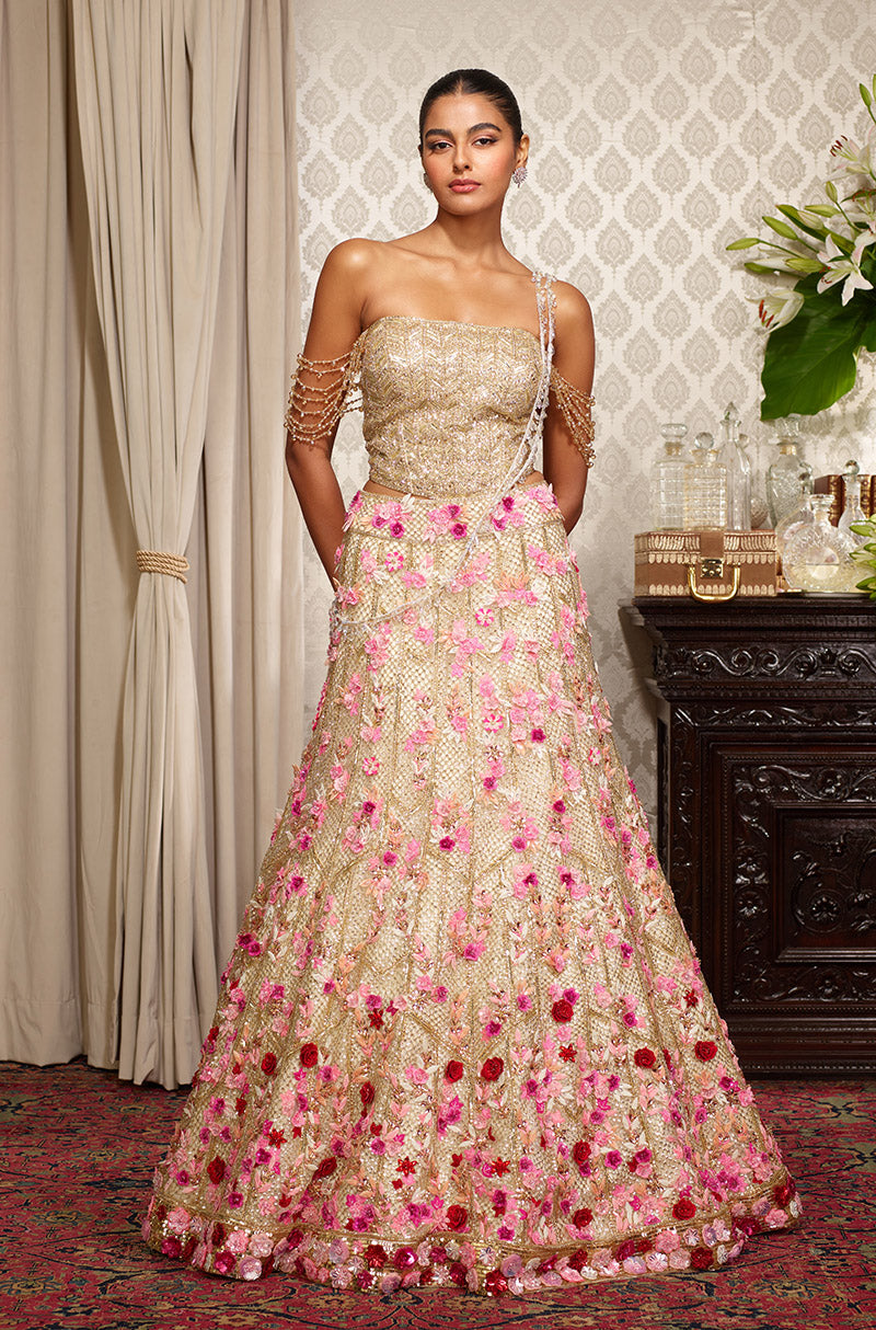 Gold Tulle with 3D Floral Embroidered Lehenga Set