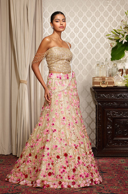 Gold Tulle with 3D Floral Embroidered Lehenga Set