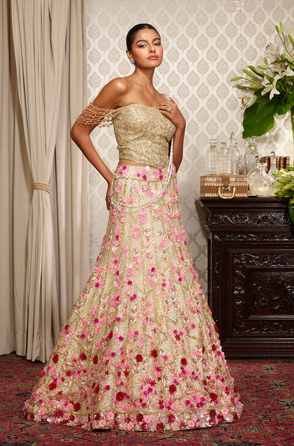Gold Tulle with 3D Floral Embroidered Lehenga Set