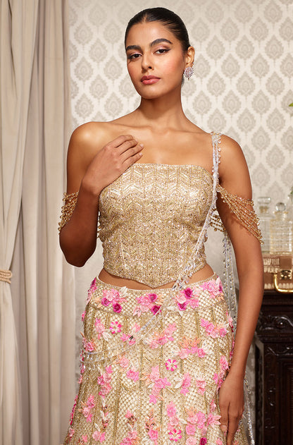 Gold Tulle with 3D Floral Embroidered Lehenga Set