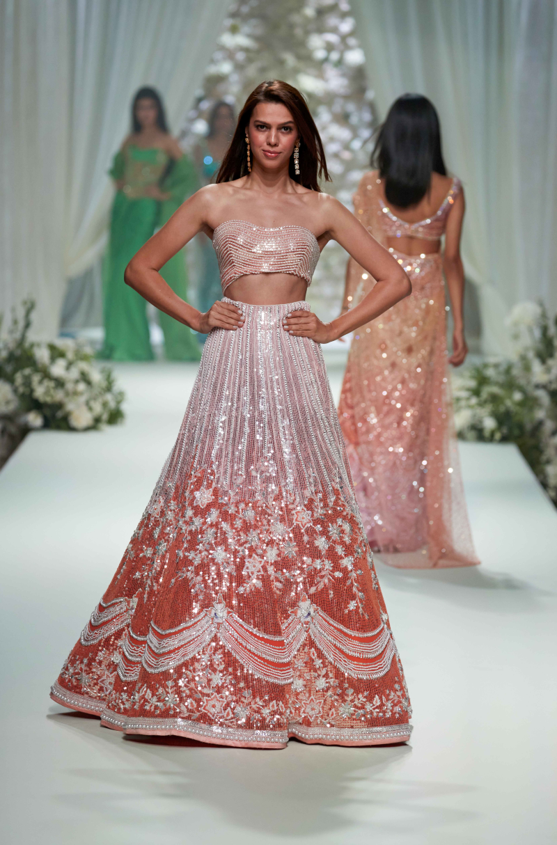 Peach to Coral Sequin Embroidered Lehenga Set