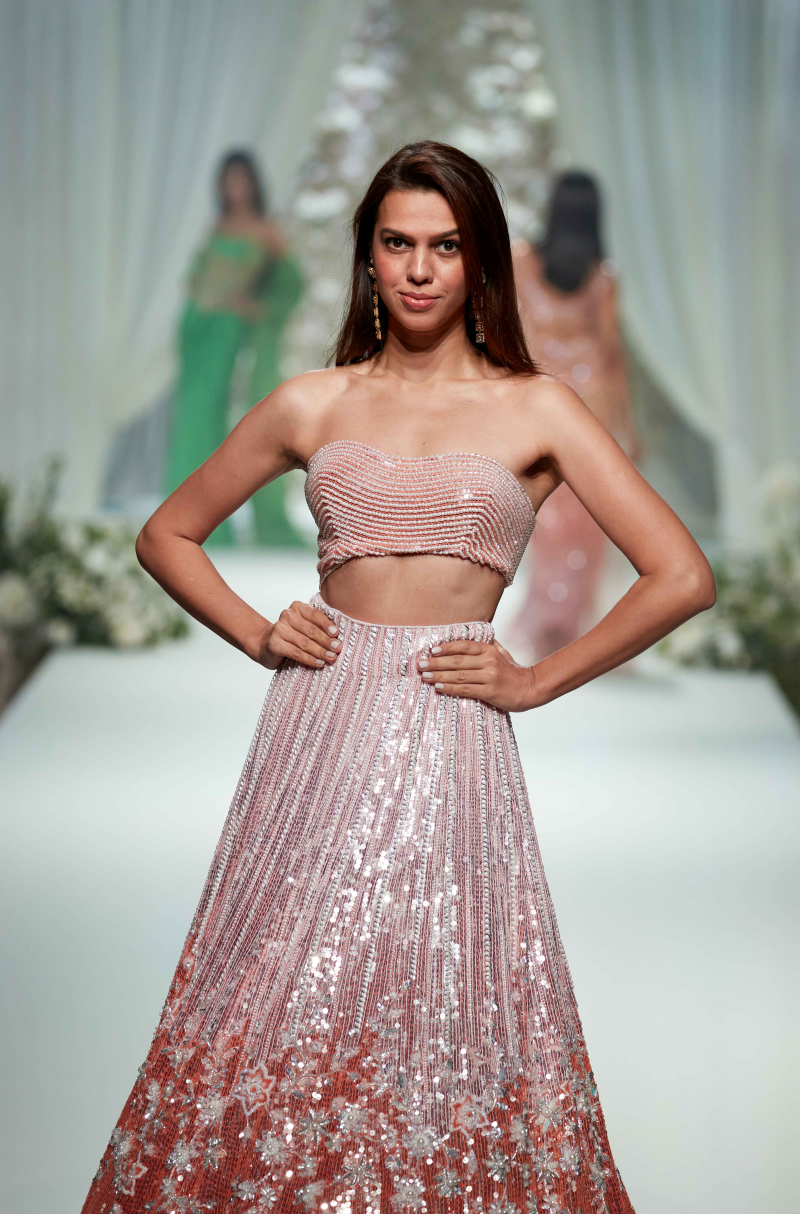 Peach to Coral Sequin Embroidered Lehenga Set