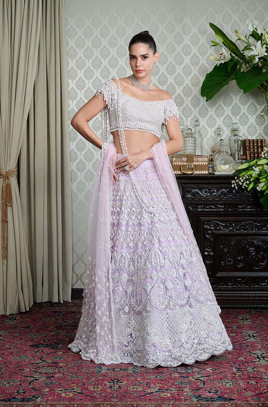 Lilac Tulle Pearl Embroidered Lehenga Set