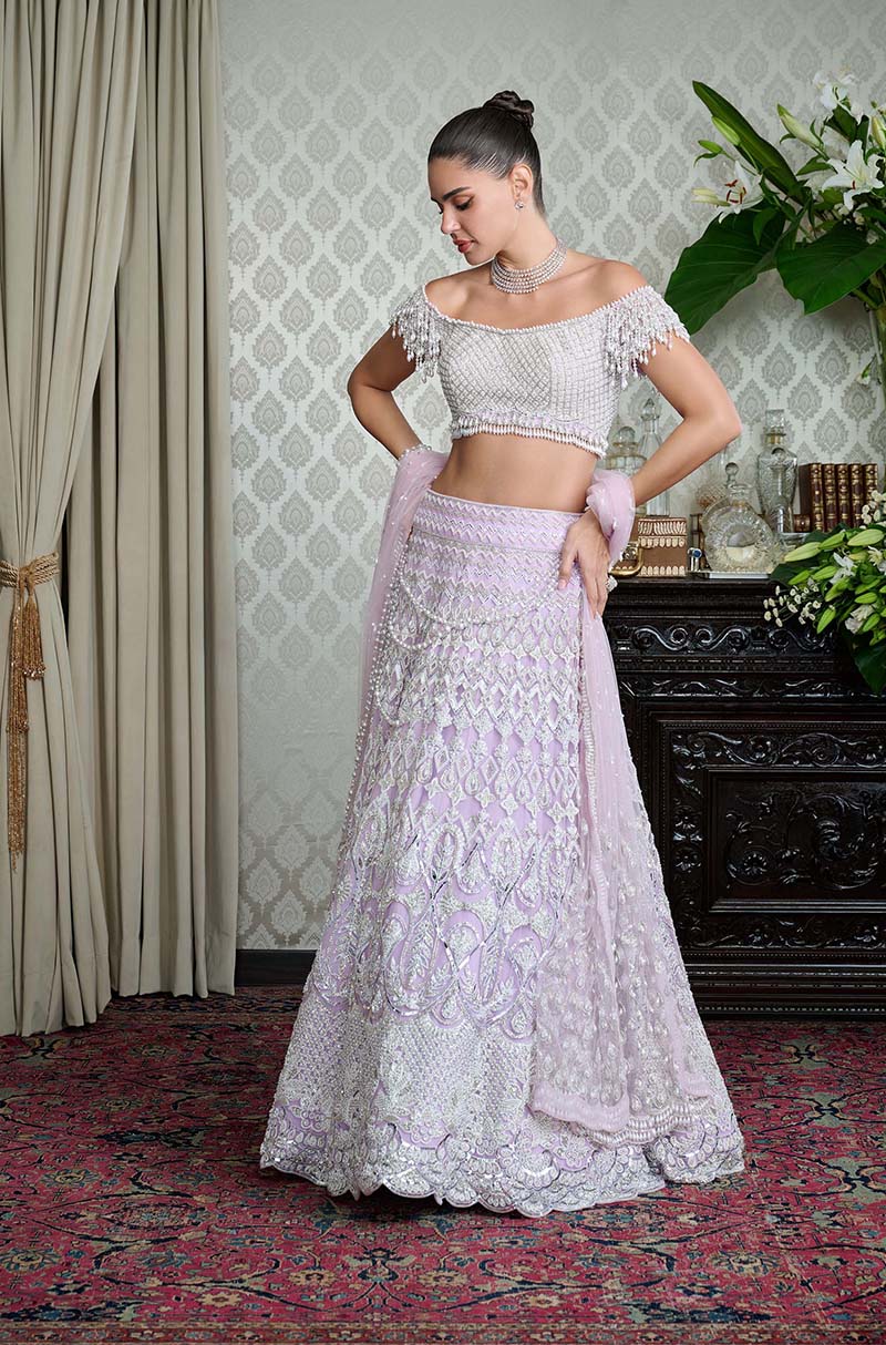 Lilac Tulle Pearl Embroidered Lehenga Set