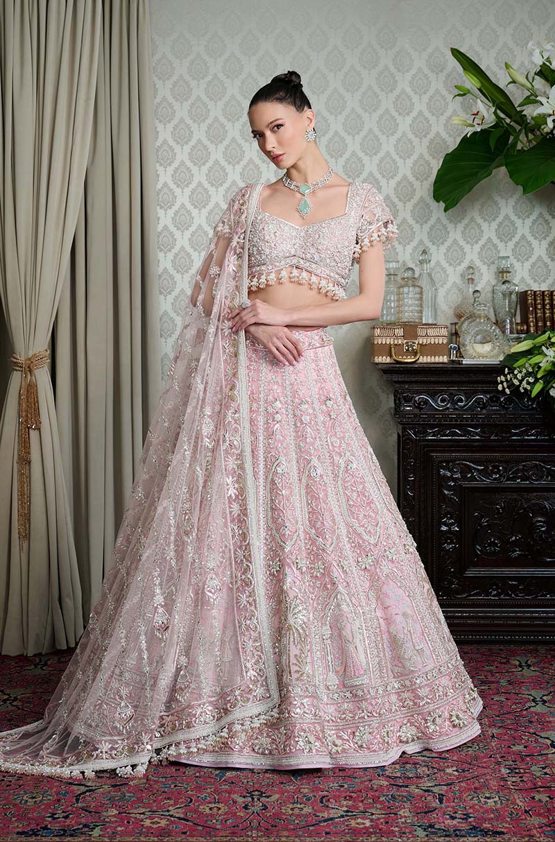 Soft Pink Net Nakshi Embroidered Lehenga Set
