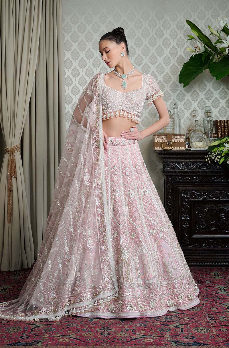 Soft Pink Net Nakshi Embroidered Lehenga Set
