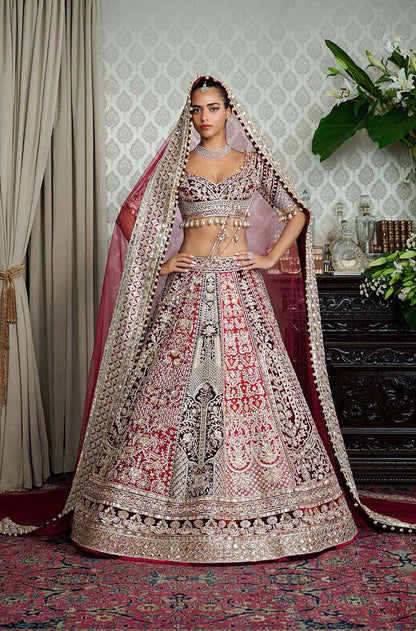 Red & Wine Stone Embroidered Lehenga Set