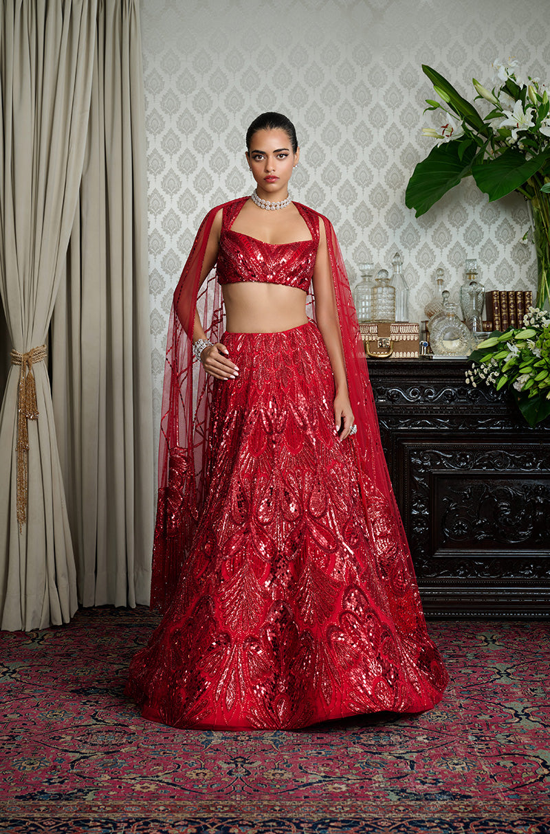 Red on Red Embroidered Lehenga Set