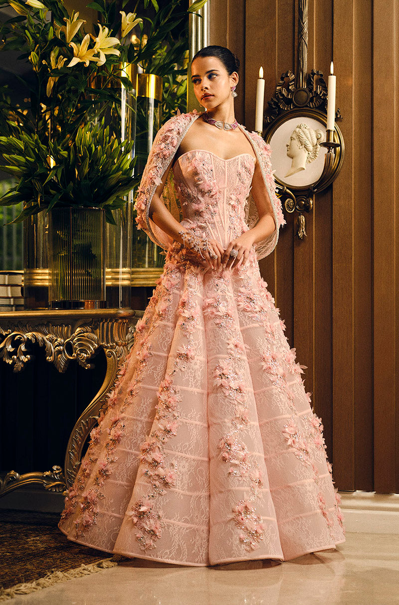 Soft Pink Lace Floral Embroidered Skirt Set