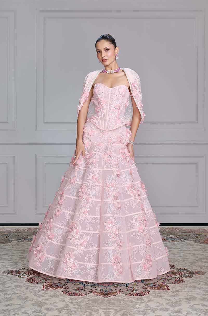 Soft Pink Lace Floral Embroidered Skirt Set