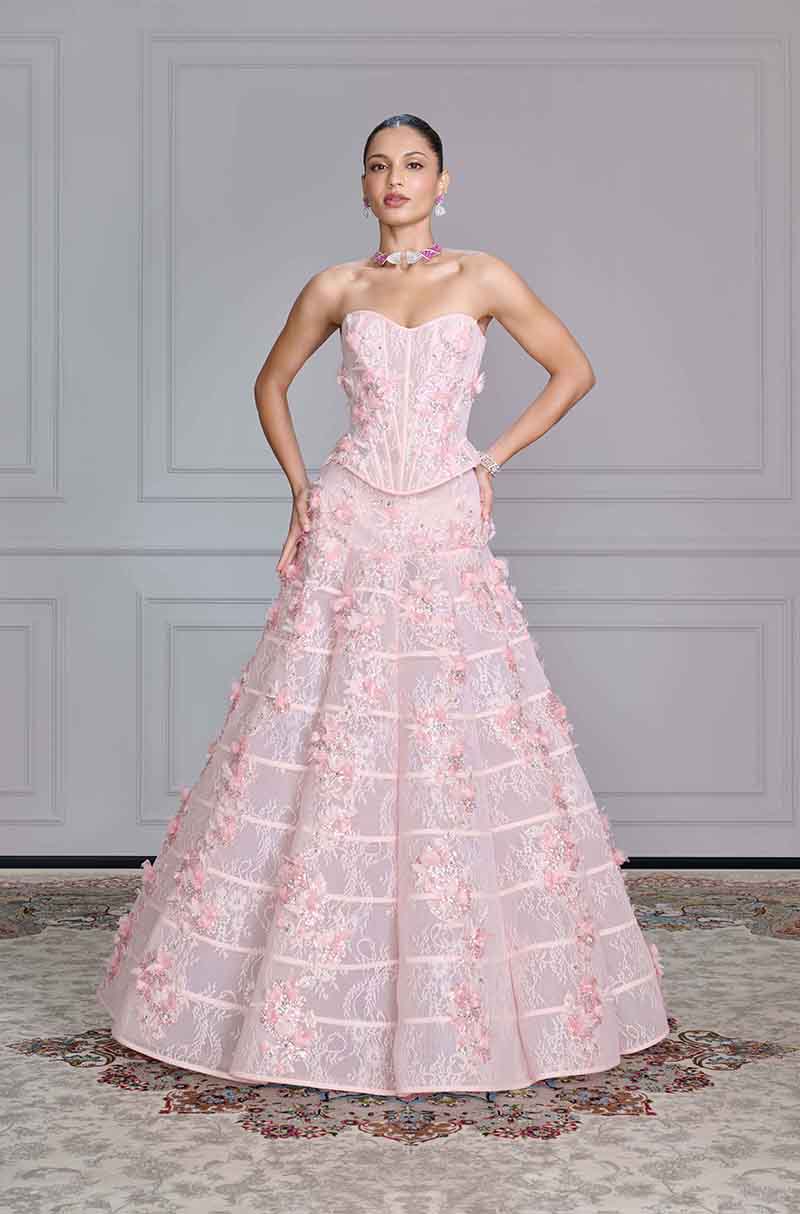 Soft Pink Lace Floral Embroidered Skirt Set