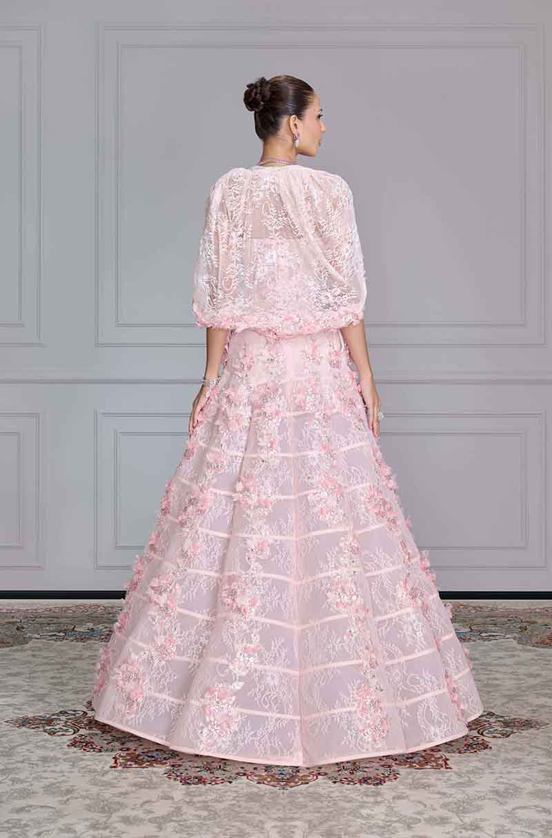 Soft Pink Lace Floral Embroidered Skirt Set