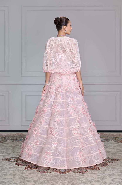 Soft Pink Lace Floral Embroidered Skirt Set