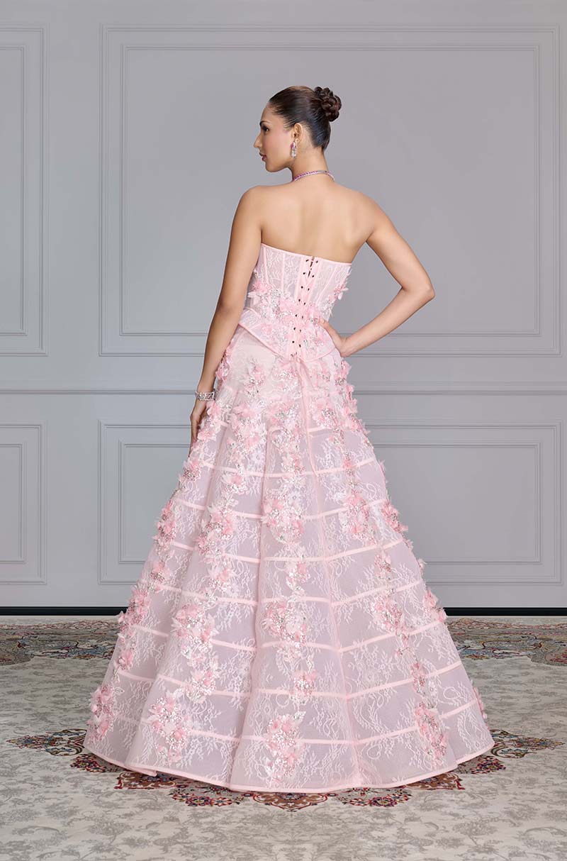 Soft Pink Lace Floral Embroidered Skirt Set