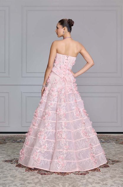 Soft Pink Lace Floral Embroidered Skirt Set