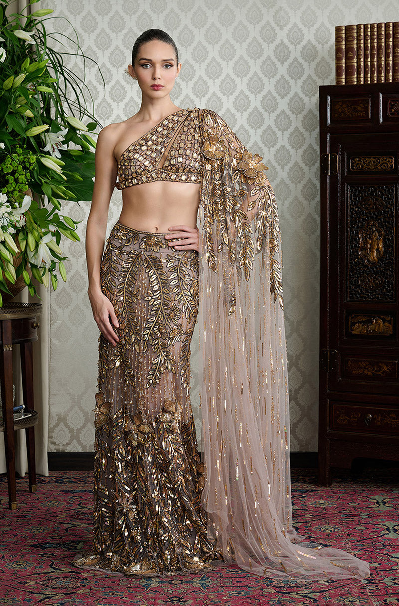 Mauve Gold Leaf Embroidered Slim Lehenga Set