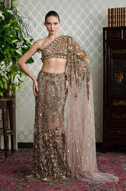 Mauve Gold Leaf Embroidered Slim Lehenga Set