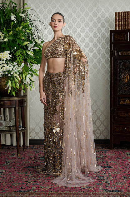 Mauve Gold Leaf Embroidered Slim Lehenga Set