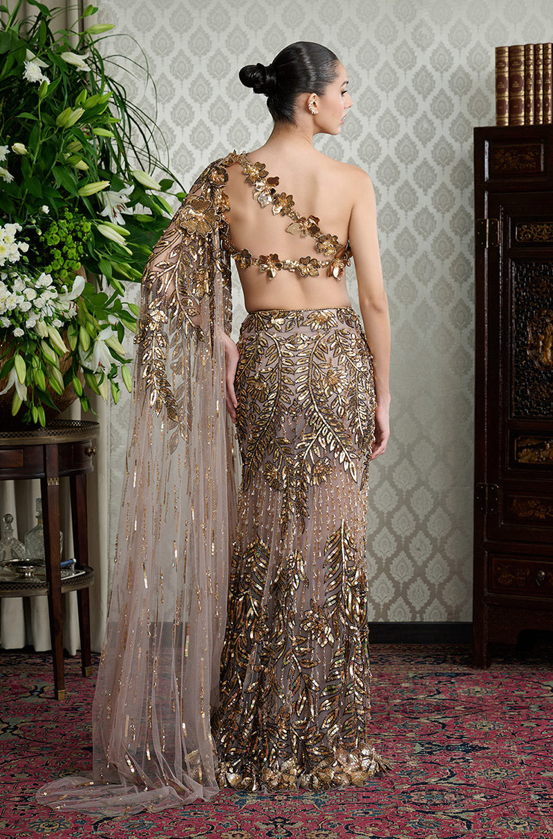 Mauve Gold Leaf Embroidered Slim Lehenga Set