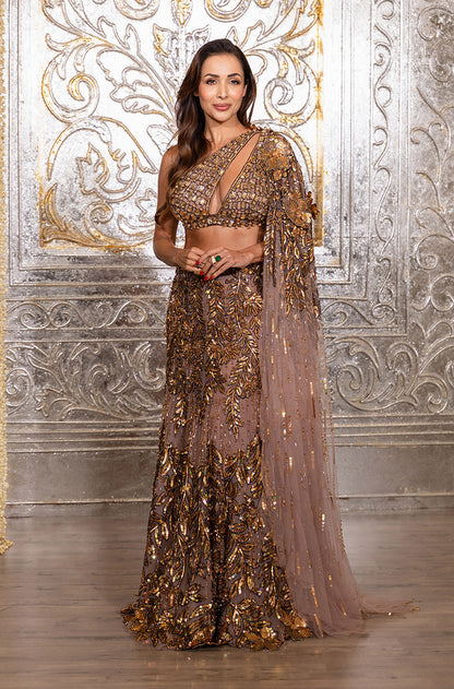 Malaika Arora in our Mauve- Gold Leaf Embroidered Slim Lehenga Set