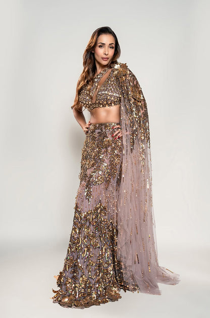 Malaika Arora in our Mauve- Gold Leaf Embroidered Slim Lehenga Set