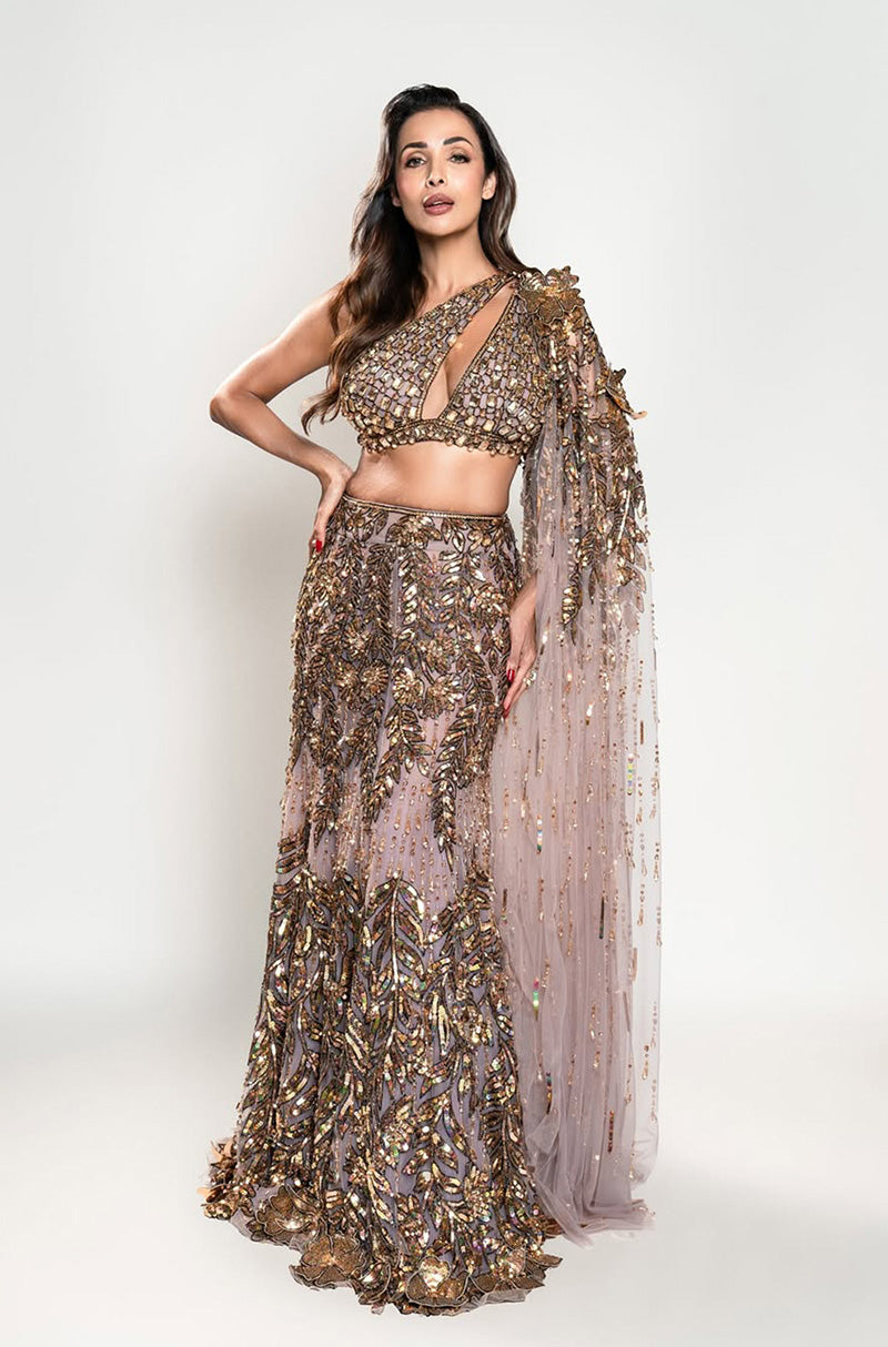 Malaika Arora in our Mauve- Gold Leaf Embroidered Slim Lehenga Set