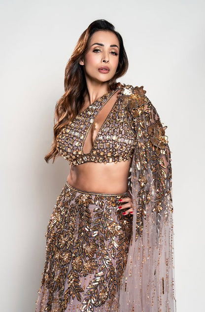 Malaika Arora in our Mauve- Gold Leaf Embroidered Slim Lehenga Set