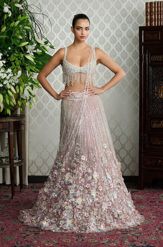 Brown Stone Embroidered Multicolour 3D Floral Lehenga Set