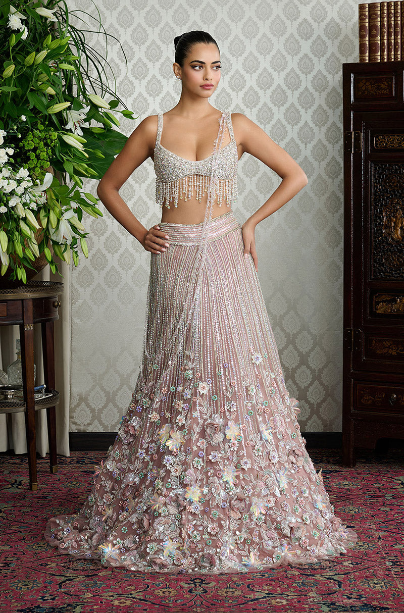 Brown Stone Embroidered Multicolour 3D Floral Lehenga Set