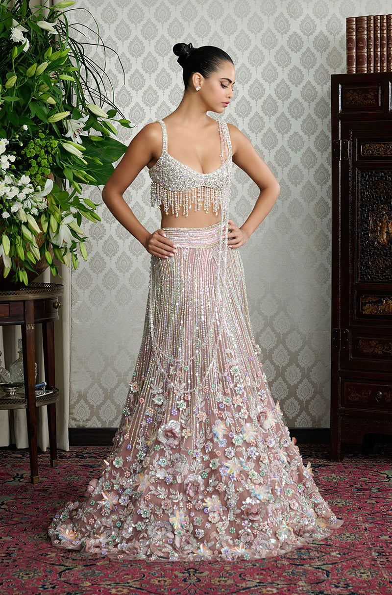 Brown Stone Embroidered Multicolour 3D Floral Lehenga Set