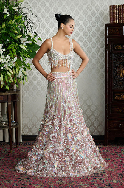 Brown Stone Embroidered Multicolour 3D Floral Lehenga Set