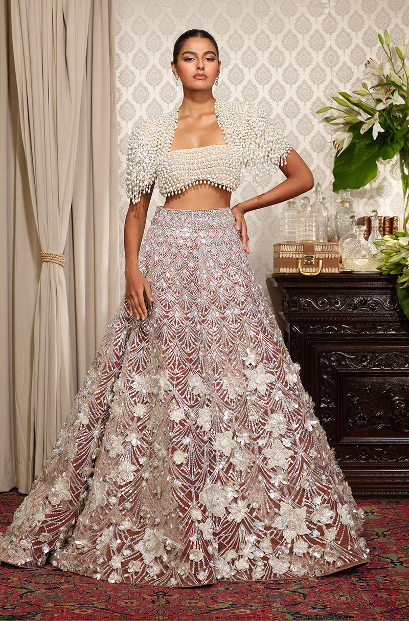 Oyster Velvet 3D Flower Lehenga Set