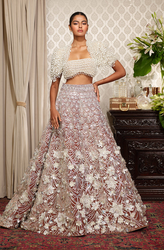 Oyster Velvet 3D Flower Lehenga Set